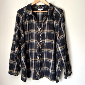 J. Jill Brushed Cotton Blend Soft Bias Trim Plaid Button Up Classic Shirt Fall